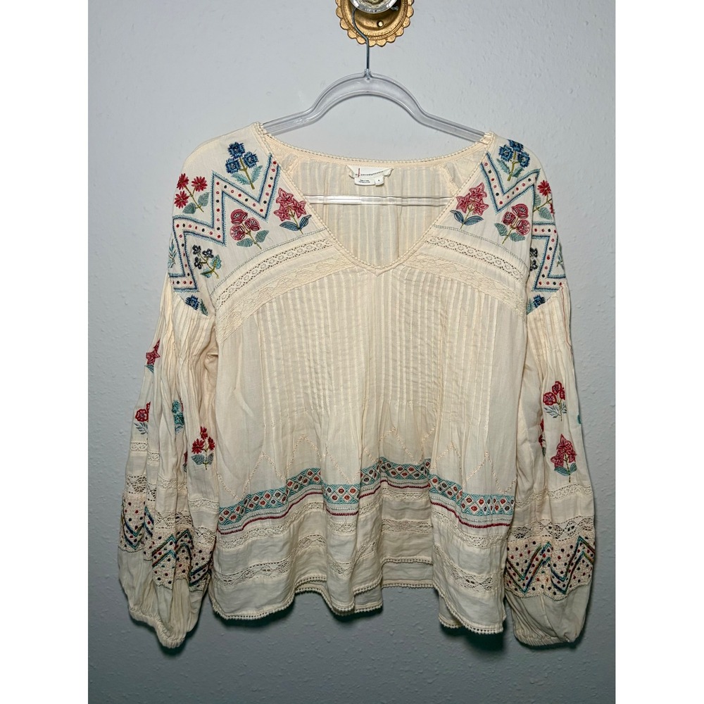Anthropologie Embroidered Peasant Blouse Cream Floral Lace Pintuck Top Small
